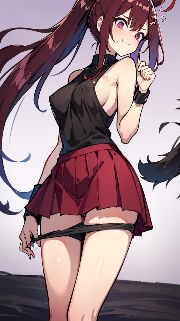 High tail hairstyle, two Ponytail hairstyle, Ponytail hairstyle, Long wavy black hair, standing posing, anime girl style, pixel art anime style,penetrating look with deep eyes,red and purple eyes, hair with a ponytail hairstyle trapped with a big red bun, women, red hair clips, x color shaped hair clips , smiling face blush, next to his bed, Skirt, tank top, Black hair, big thighs, NSFW, Skirt fluttering in the wind, perfect panty, from below, viento levantando su Skirt haciendo que se le vea el panty, hands in fist , Skirt fluttering in the wind, Skirt levantada, black fur 