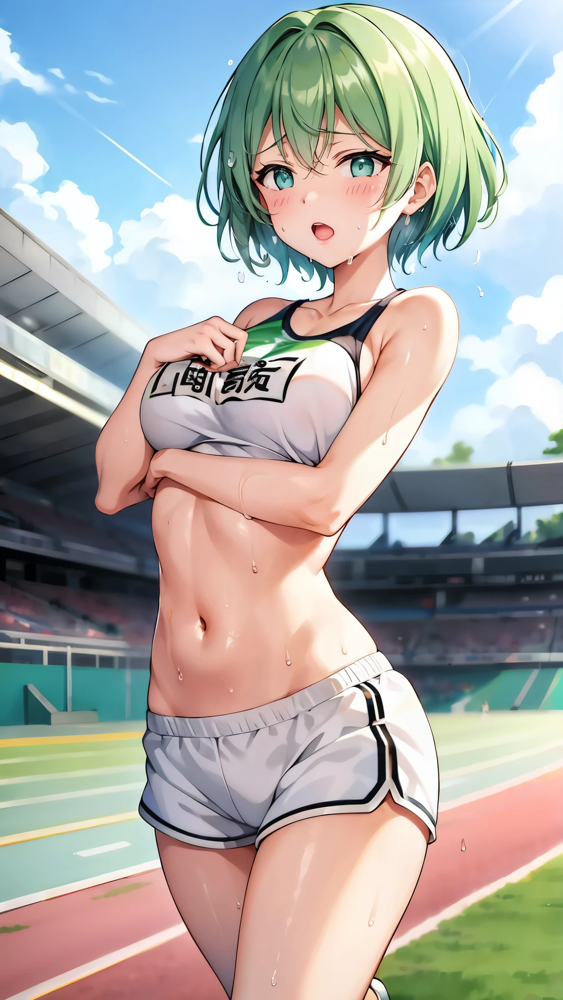 Short green hair, Small size breasts,、Green Eyes, 、,The whole body from head to toe、Track and field athlete、、、Uplifting、Leaning forward、、walk short distance、running、A toned and toned body、Desperate、(((Sweat)))、Uplifting、A moving picture、Expressing high speed、Shorts、Run at full speed、Stretch your legs forward and kick the ground、