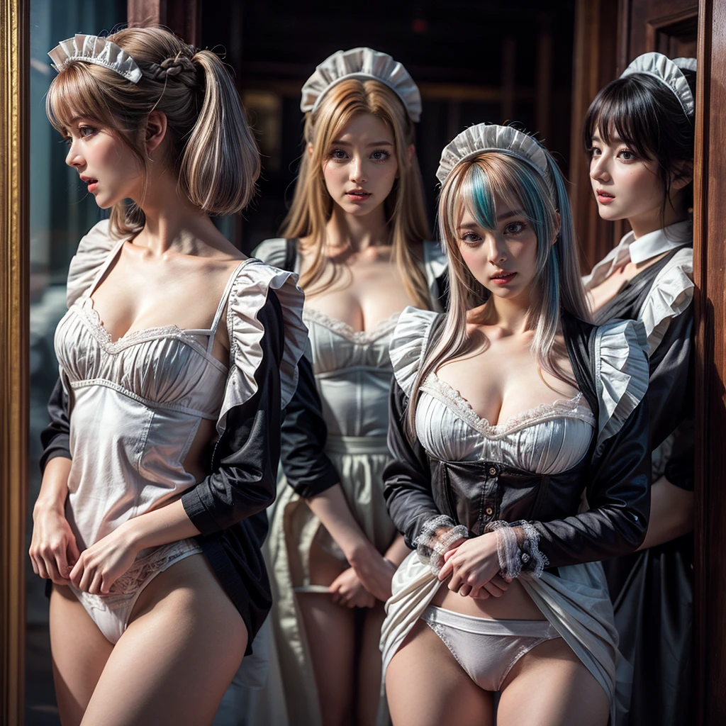 (Full Body of Extremely Detailed((Kawaii Maid Group in a row:1.37))), Childish perfect face, Reflective Eyes, Detailed(Delicate Clothing textures), Dynamic Joyful Expressions LifeLike Rendering, Specular Reflection, TopQuality 8K Ultra-detailed masterpiece (ProfessionalPhoto:1.37), (Acutance:0.8), (Luminism:1.28), (Renaissance art style), Colorful Light particles, ((Full body from side)), {MicroMini(SkirtLift)|Kissing|Hugging|Undressing}, Radiant Fine Skin with Transparency, (Exposed:0.5), (Different types of Anime hair color:1.6), Perfect Lighting 