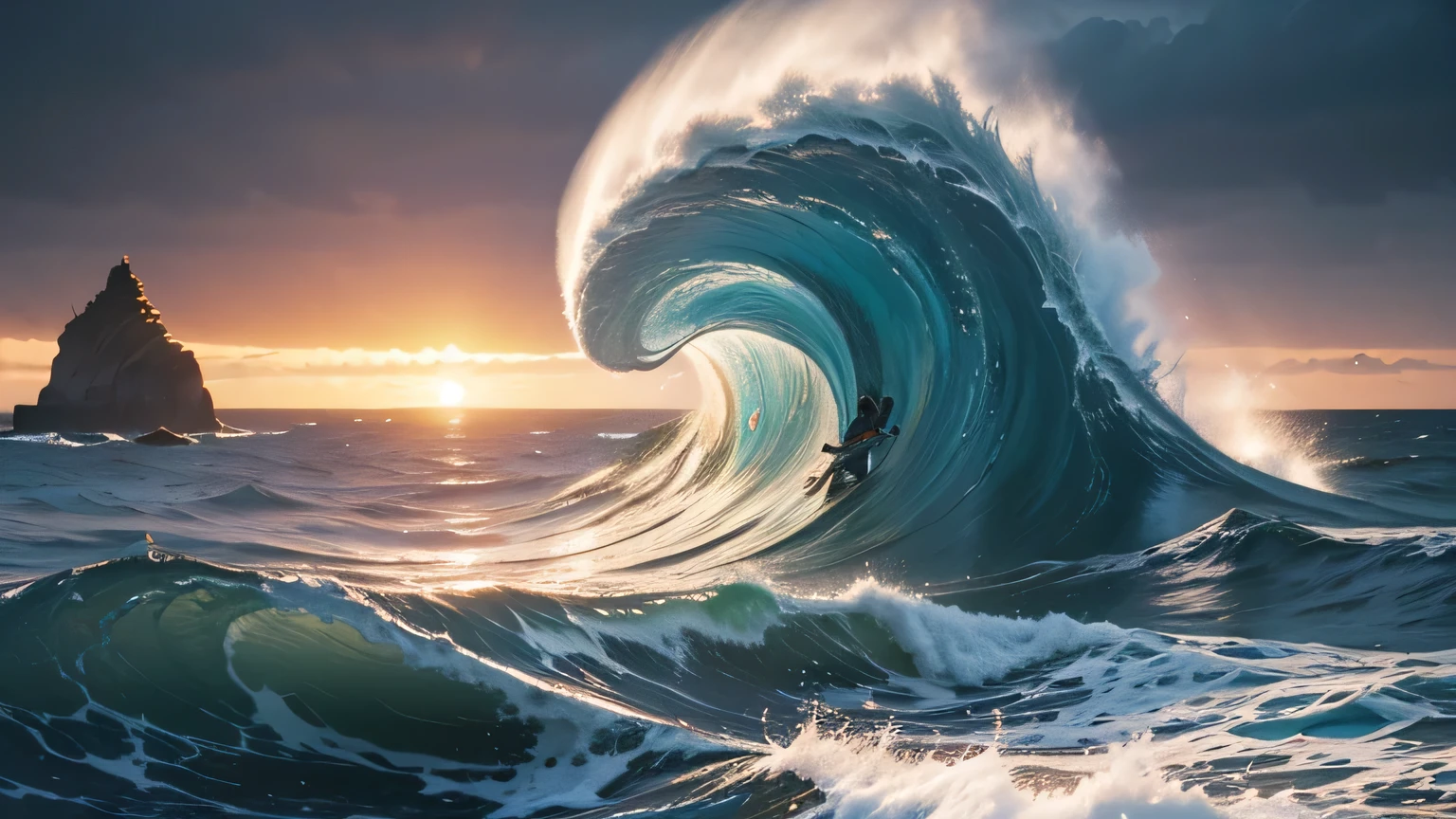 painting of a sunset over a large body of water with waves, Ondas LSD, psychedelic waves, cena surreal, artistic illustration, detailed dream landscape, ocean, beeple e james jean, dan mumford and albert bierstadt, Victo-Me and Tristan Eaton, clouds and waves, chaotic sea scene, Hoyte van Hoytema, swirling scene