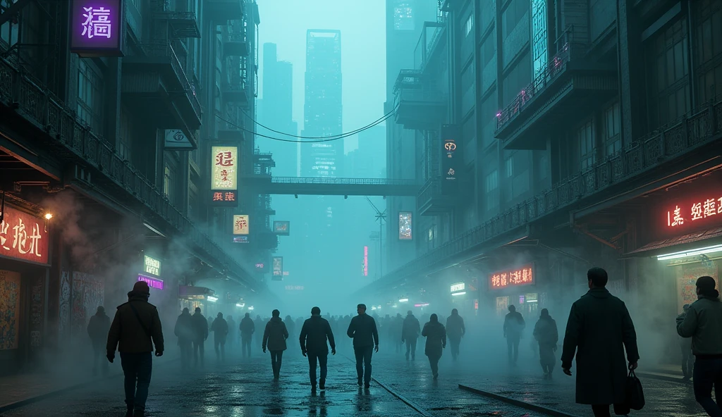 Imagine a futuristic cyberpunk urban environment steeped in a thick, ominous fog that hangs over the streets. Metal and glass scratches, high and imposing, seem even more oppressive as the blue-hued neon lighting, purple and green mixes with a thick fog, partially obscuring the view and creating an unsettling depth effect . Distorted holograms and illuminated advertisements flash intermittently, casting erratic shadows and adding a sense of instability and disorientation. The sidewalks are covered in dirt and debris, and graffiti and tagging are more aggressive and threatening. Humans and robots circulate quickly, with expressions of concern or despair, while elevated bridges and airways are obscured by darkness and steam rising from the streets. The general atmosphere is heavy and full, with the neon light creating a dark contrast to the dense fog and the feeling of a city that never sleeps, but is eternally immersed in darkness and gloom



