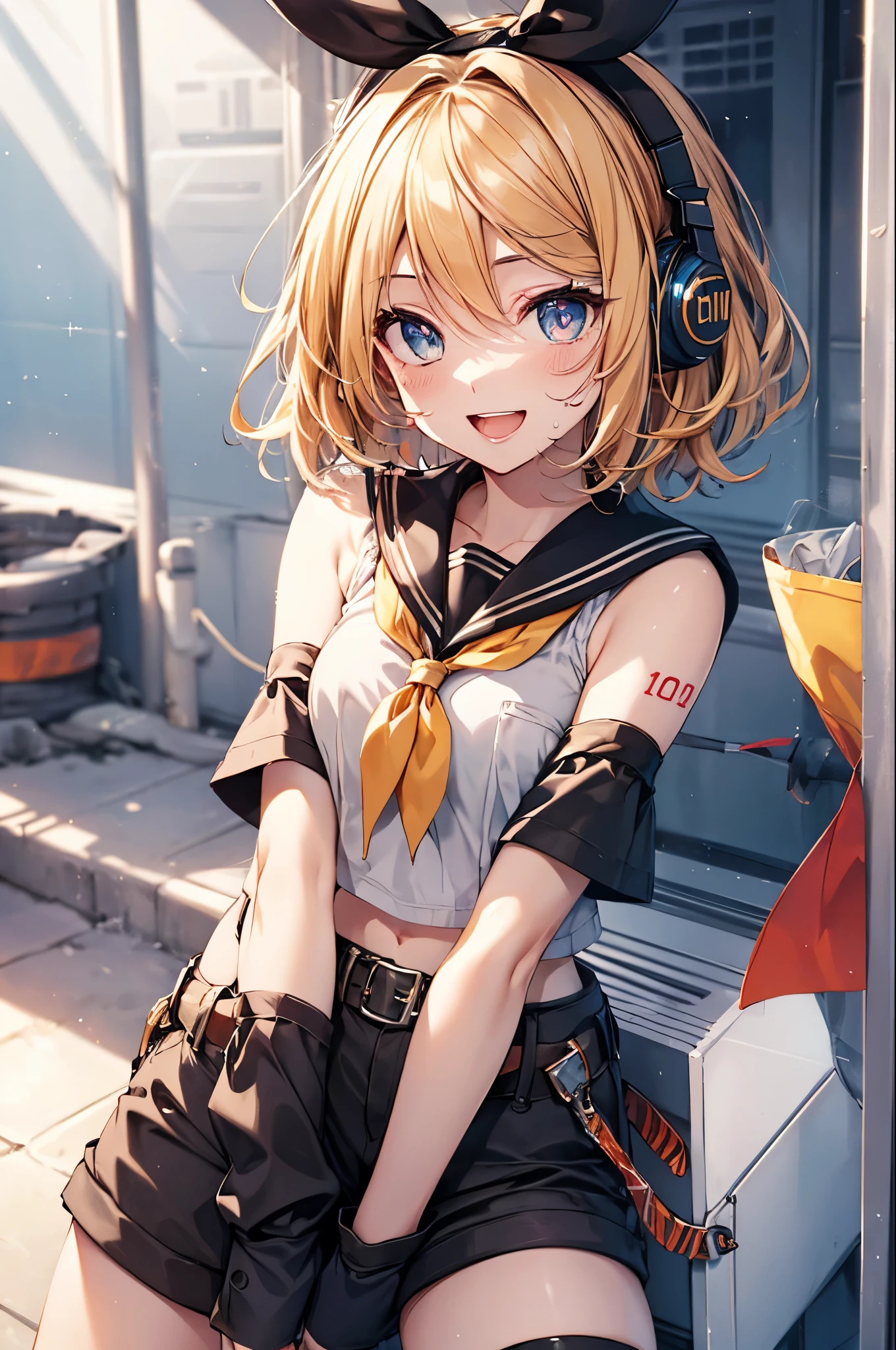 Kagamine Rin, short hair, number tattoo, bow, white shirt, detached sleeves, belt, sailor collar, headphones, shorts, leg warmers,(chibi:1.2),navel,thighs, Sweating,smile,open mouth,jumping, masterpiece,Noise Reduction,perfect anatomy,high resolution, ultra-detailed, ultra-detailed face,game cg,dutch angle ,beautiful detailed eyes,visualart,five fingers, perfect hands, perfect lighting, sparkling pupils,