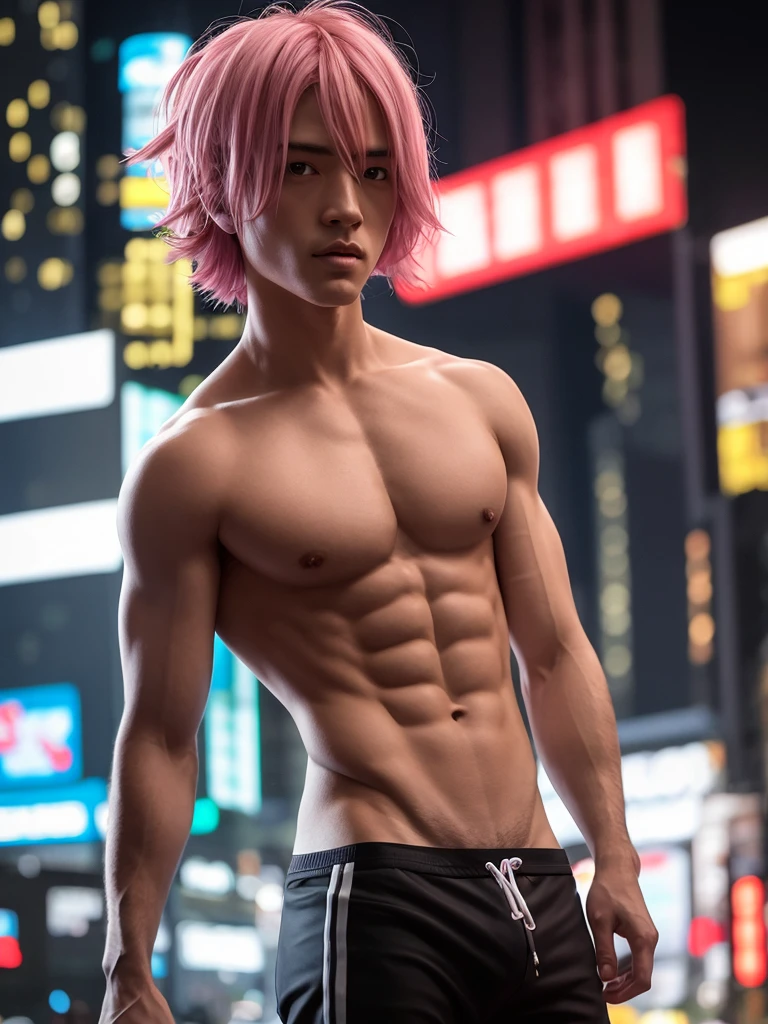 masterpiece, best quality, ultra-detailed, texture, detail eyes,8k, 1boy, Sukuna, a man with pink hair and shirtless, tattoo_ryoumen, tattoo_on_his_face, tattoo on body, looking at viewer, abs, detailed eyes, detailed face, (masterpiece:1.4),(best quality:1.4),(shiny skin),realistic, bright, neon lights, night, midnight, city, cyberpunk, light ,