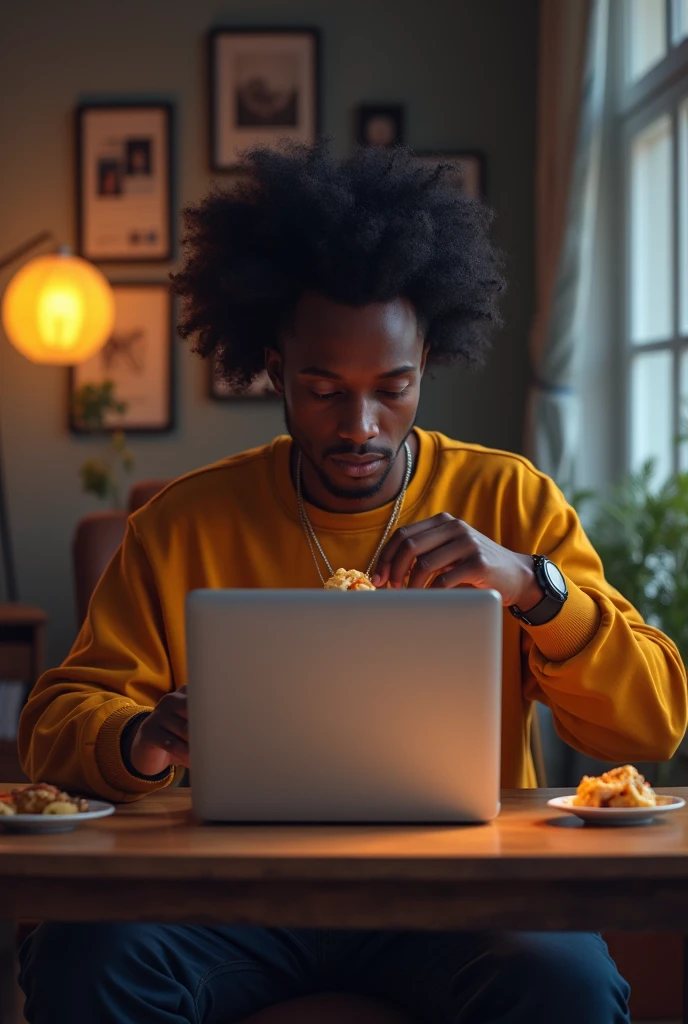Picture of a laptop pc user eating. The user is of black origin