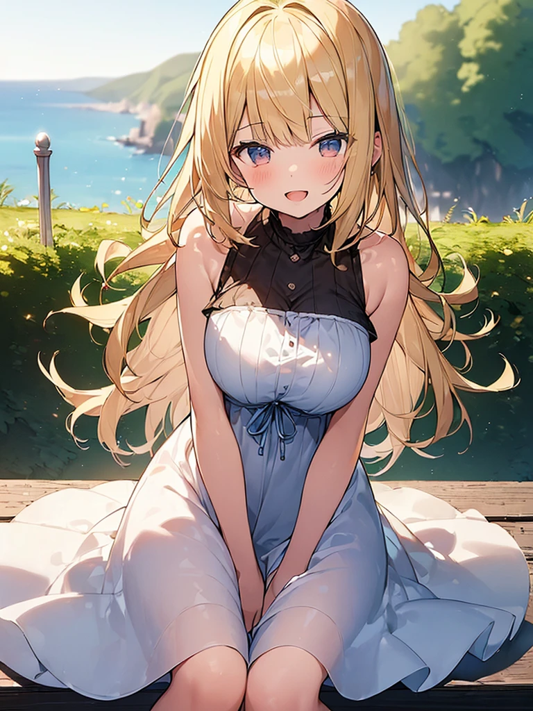 (Masterpiece, Top quality:1.5), (dynamic angle:1.2), (1 beautiful girl, solo:1.2), sitting, (Blonde:1.3), medium Hair, wavy Hair, asymmetry bangs, swept bangs, airy hair, large breasts:1.2, 14 year old, (sundress:1.3), smile:1.3, blush, beautiful scene of seaside, magnificent panorama view, blurry background ,open mouth