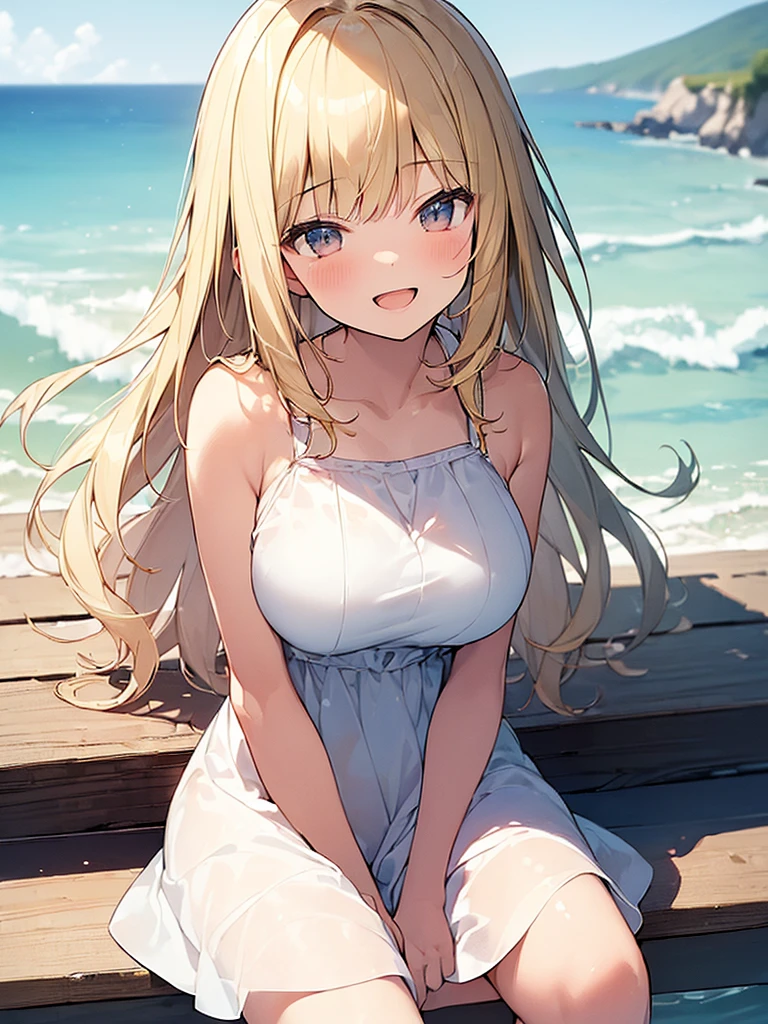 (Masterpiece, Top quality:1.5), (dynamic angle:1.2), (1 beautiful girl, solo:1.2), sitting, (Blonde:1.3), medium Hair, wavy Hair, asymmetry bangs, swept bangs, airy hair, large breasts:1.2, 14 year old, (sundress:1.3), smile:1.3, blush, beautiful scene of seaside, magnificent panorama view, blurry background ,open mouth