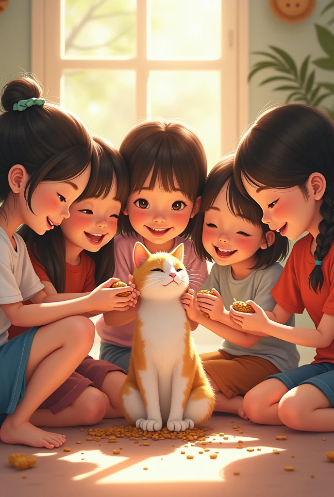 5 girls feeding a cat