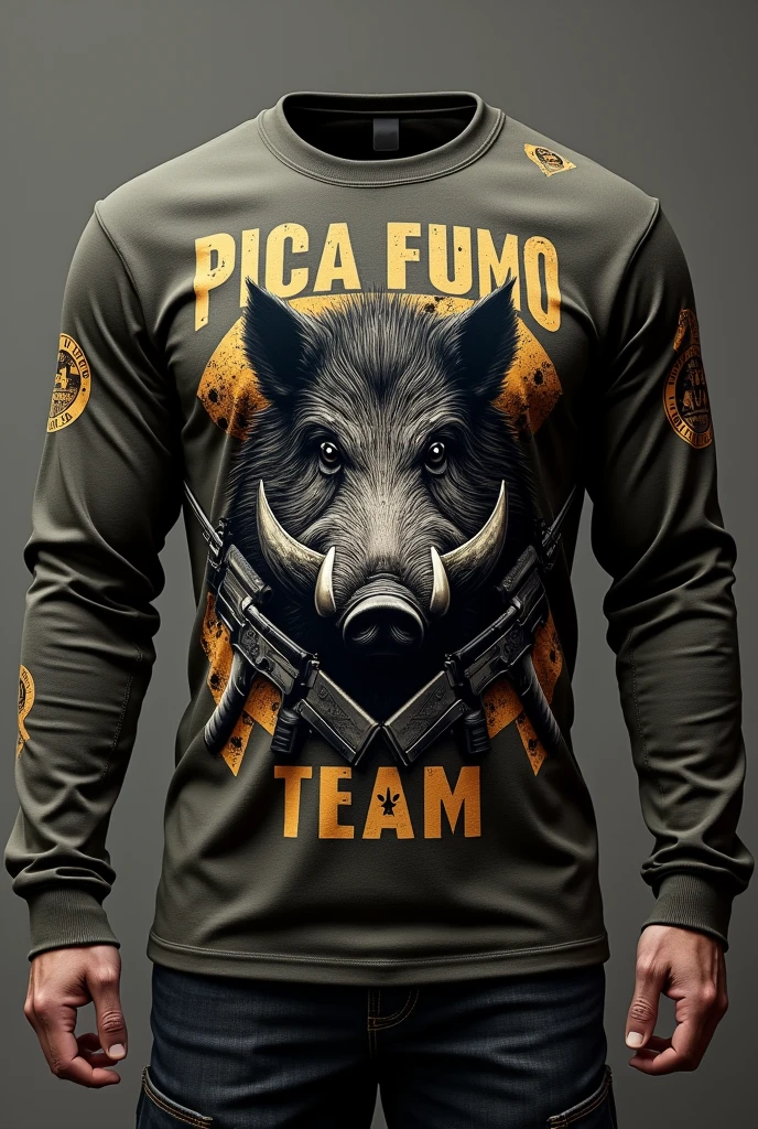 CREATE A LONG SLEEVE MILITARY SHIRT PATTERN , WITH A SCARY BOAR LOGO WITH IMAGES OF LEVER ACTION 44 RIFLES WRITTEN ON IT "PICA FUMO TEAM " AND BULLET HOLES , MORE MILITARY MODEL BLACK COLOR