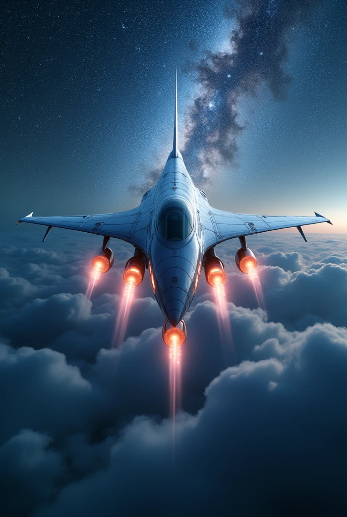 A train-shaped spaceship has transperent magnetic pipe heads for the galaxy,Hope emerges from the clouds,A cool, sci-fi look,(A beautiful, streamlined aircraft with a sci-fi feel:2.0),(The background is outer space and the Milky Way:1.6),masterpiece,Highest quality,Ultra-high resolution,(Super detailed),8k,Realistic,Best aesthetics,beautiful,(dynamic,Great impact,Depicted from underneath the aircraft:1.2)