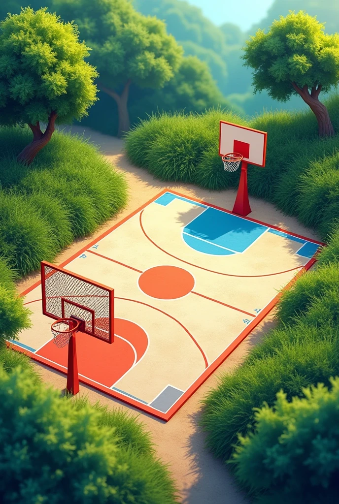 Generate a logo of a cement court with goals, that is colorful and has grass around it
