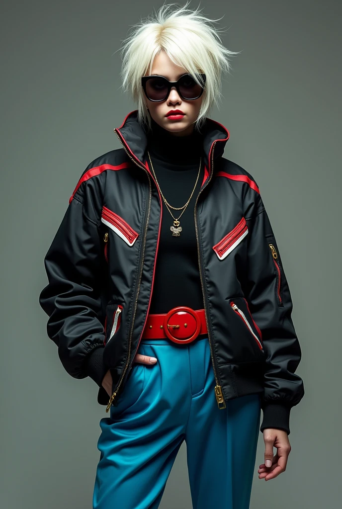 body hair: offwhite, curto e espetado, with a modern cut.
eyeballs: They are not visible due to sunglasses.
Skinned: Skin tone is not clearly defined, but it seems to be clear.
badass clothing:
jaket: predominantly black, with red and white details.
pants: cerulean.
waist belt: rot, wide and flashy.
Accessories: sunglasses.