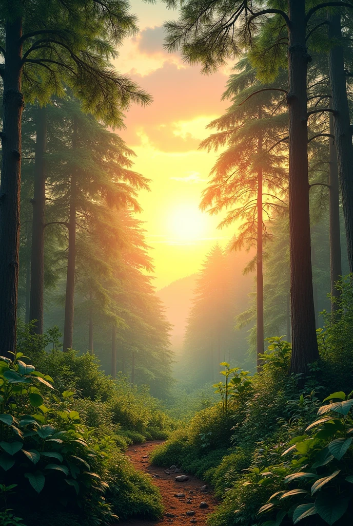 (masterpiece),(best quality:1.5),(highres), wallpaper 8k, Very fine image details,Soft light, Very dense forest, trees, plants, The sun is setting, sunset,