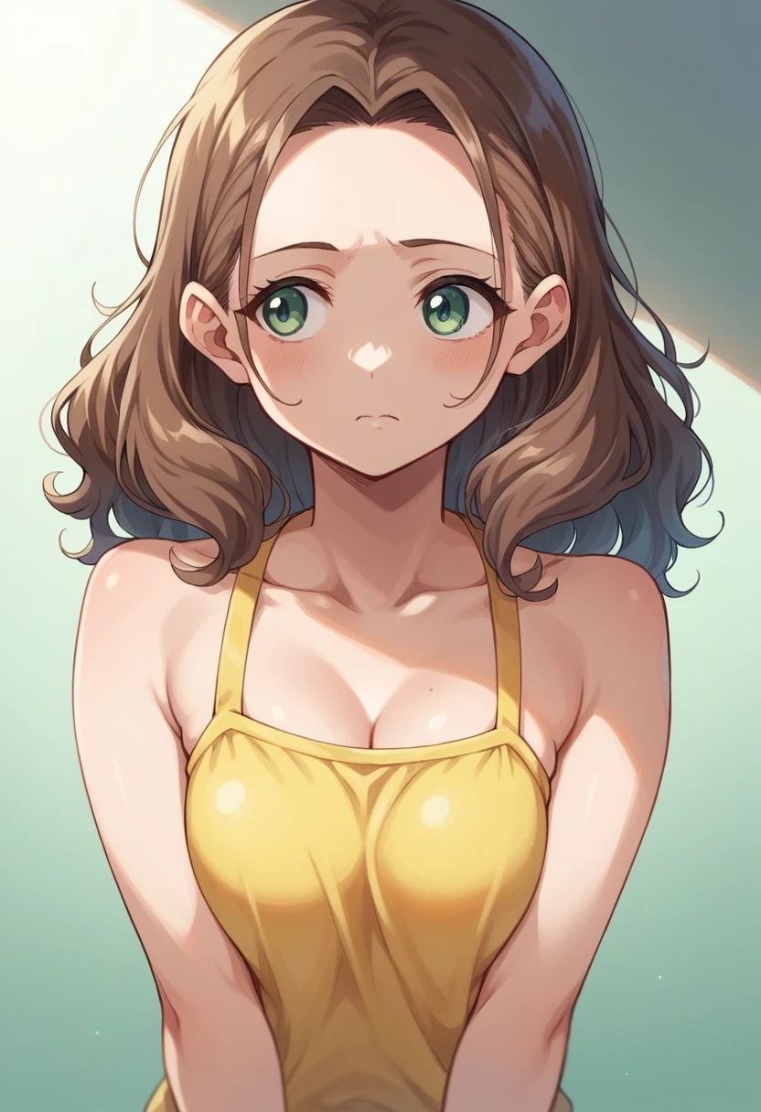 forehead, shoulder-length wavy brown hair ，yellow  swimsuit, シャワールーム.((シャワーを浴びている))look away.
