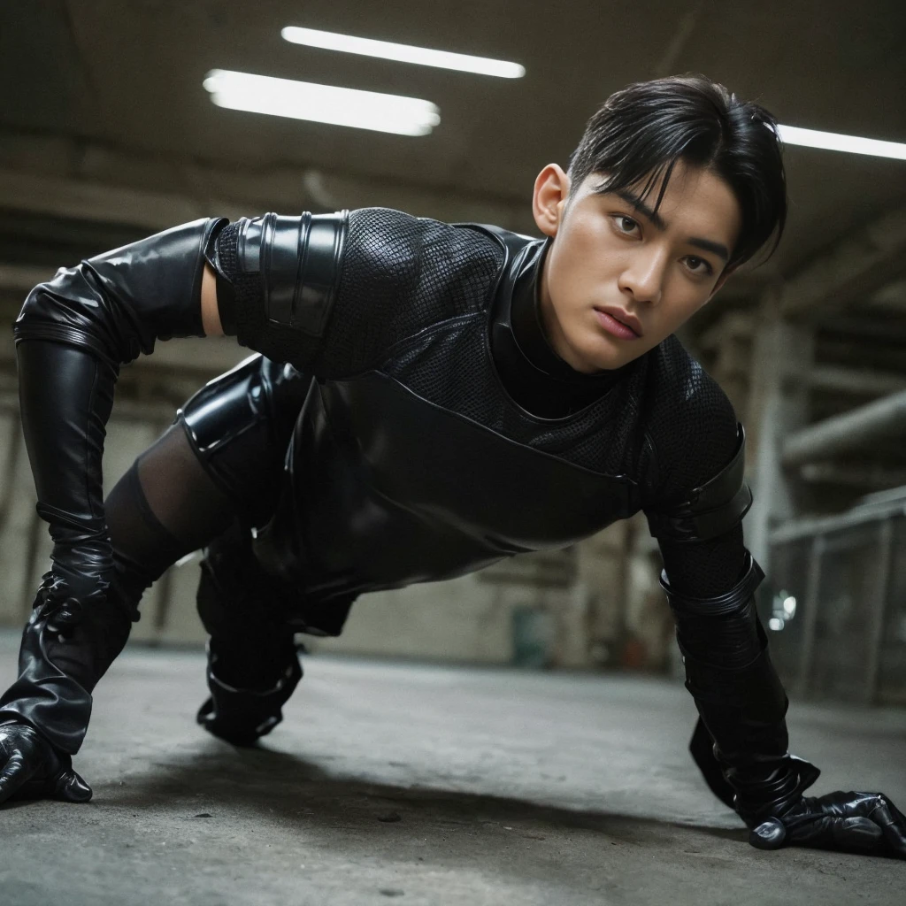 ((Best Quality, 8K, ultra-detailed, Masterpiece: 1.3)), 1boy, shiny skin, sharp, Perfect Body Beauty, realistic shaded perfect body ,("bodysuit, techwear,big bulge ":1.2),("leggins , armor":1.1),("glove, armor":1.1 ),(techwear)(dynamic pose:1.1), thigh , battle field , (bulge focus:1.2) , ((all fours)) , big hips , nsfw , eroticosm , handsome face