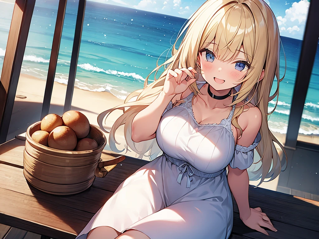 (Masterpiece, Top quality:1.5), (dynamic angle:1.2), (1 beautiful girl, solo:1.2), sitting, (Blonde:1.3), medium Hair, wavy Hair, asymmetry bangs, swept bangs, airy hair, large breasts:1.2, 14 year old, (sundress:1.3), smile:1.3, blush, beautiful scene of seaside, magnificent panorama view, blurry background ,open mouth
