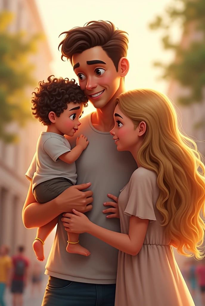 With his back to me with his back to the front man brown short hair with baby with brown corkscrew curls on his arm, and elementary school daughter holding hand blonde long hair
