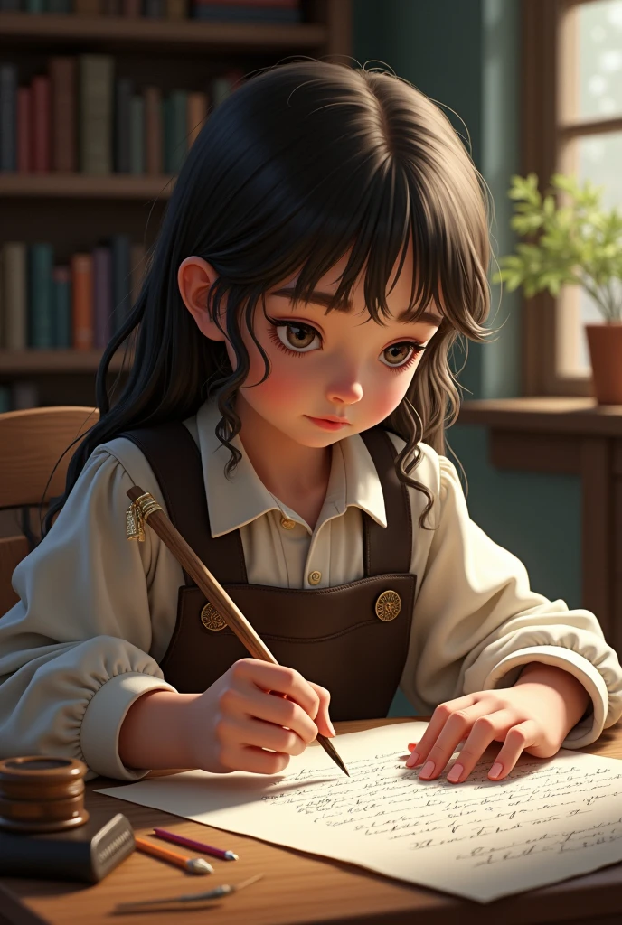 Image of a girl composing letters, realisitc image