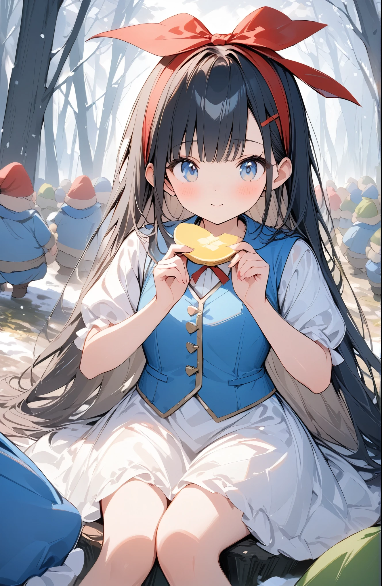 ((Amazingly absurd)),超High resolution, Attention to detail, high quality, High resolution, 最high quality, 4K, 8k,BREAK,in the forest,snow white,Big Red Ribbon,((White Dress,Blue Vest)),((The Seven Dwarfs))、sit