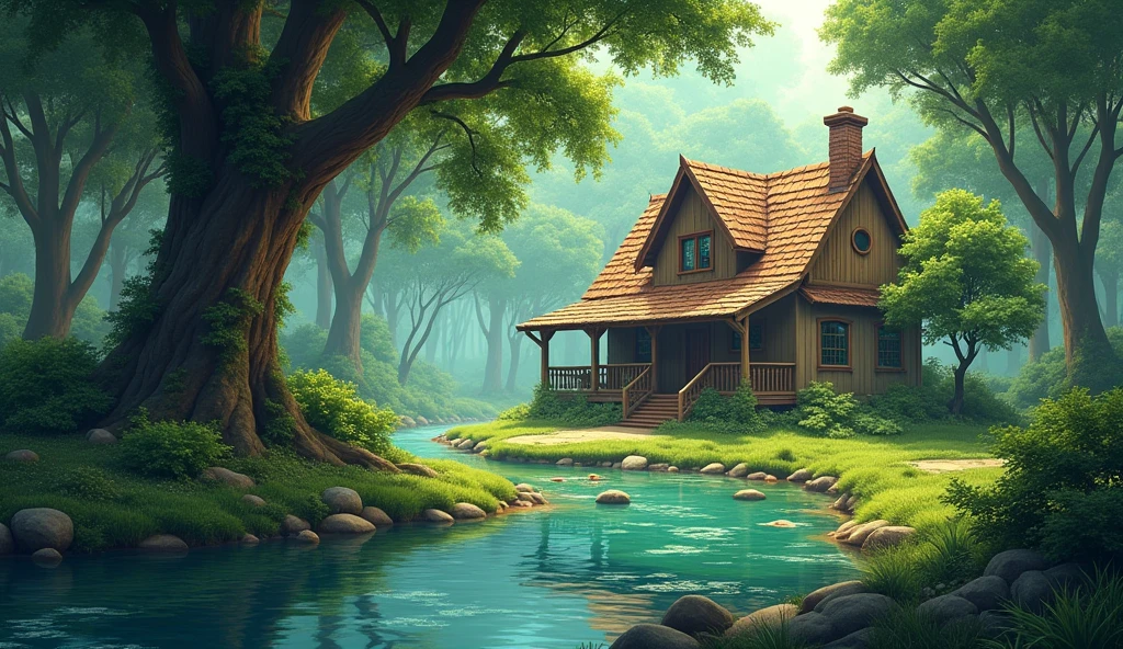 A house in the middle of the forest, a big tree, a river beside the house, clear water