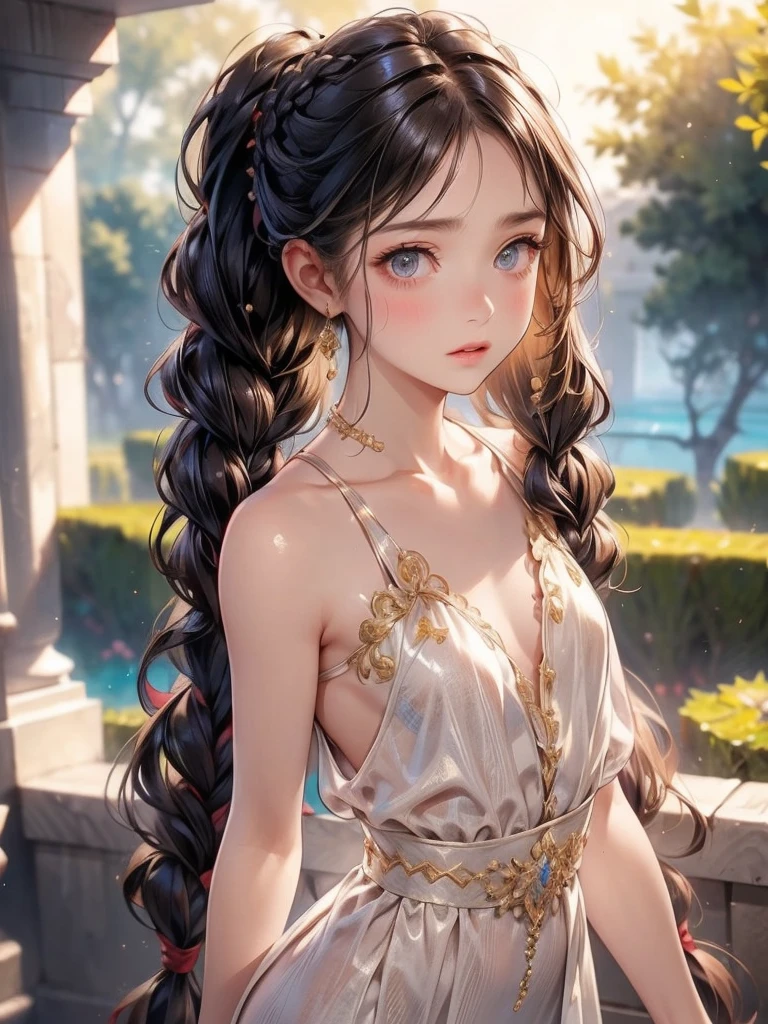 ((best quality)), ((masterpiece)), (detailed), 1girl, (big forhead:1.2),extremely detailed cute anime face, (((flat chest))), (flat chest:1.1),((((long twin braids,tight braids,long braid,braided hair,long hair)))),intricate eyes,beautiful detailed eyes,symmetrical eyes,(((detailed face))),beautiful detailed lips, looking at this, (((embarrassed))),(horrified expression),(panic),(crying),highres,(best quality),(ultra detailed,extremely detailed),perfect face details, ((masterpiece:1.4, best quality))+, (ultra detailed)+, long twintails, cute girl, (flat chest:1.1), small breasts, slim body, skinny, (narrow hips), prominent collarbones, skinny arms, flat stomach, visible hip bones, long hair, red hair, white hair, blonde hair, dark hair, ponytail, thick ponytail, heavy ponytail, small breasts, perfect face, small breasts (flat chest:1.1), NSFW, long revealing gown,Detailed body,Full limbs,(from behind), (turning), NSFW, (flat chest:1.1), nude