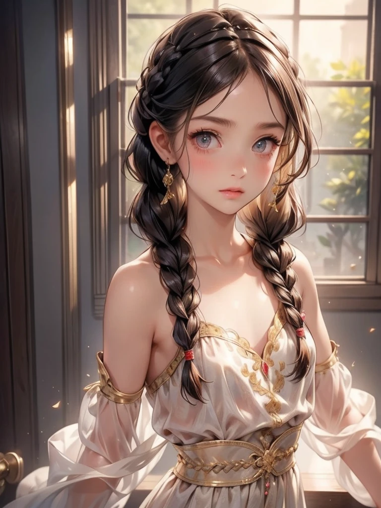 ((best quality)), ((masterpiece)), (detailed), 1girl, (big forhead:1.2),extremely detailed cute anime face, (((flat chest))), (flat chest:1.1),((((long twin braids,tight braids,long braid,braided hair,long hair)))),intricate eyes,beautiful detailed eyes,symmetrical eyes,(((detailed face))),beautiful detailed lips, looking at this, (((embarrassed))),(horrified expression),(panic),(crying),highres,(best quality),(ultra detailed,extremely detailed),perfect face details, ((masterpiece:1.4, best quality))+, (ultra detailed)+, long twintails, cute girl, (flat chest:1.1), small breasts, slim body, skinny, (narrow hips), prominent collarbones, skinny arms, flat stomach, visible hip bones, long hair, red hair, white hair, blonde hair, dark hair, ponytail, thick ponytail, heavy ponytail, small breasts, perfect face, small breasts (flat chest:1.1), NSFW, long revealing gown,Detailed body,Full limbs,(from behind), (turning), NSFW, (flat chest:1.1), nude