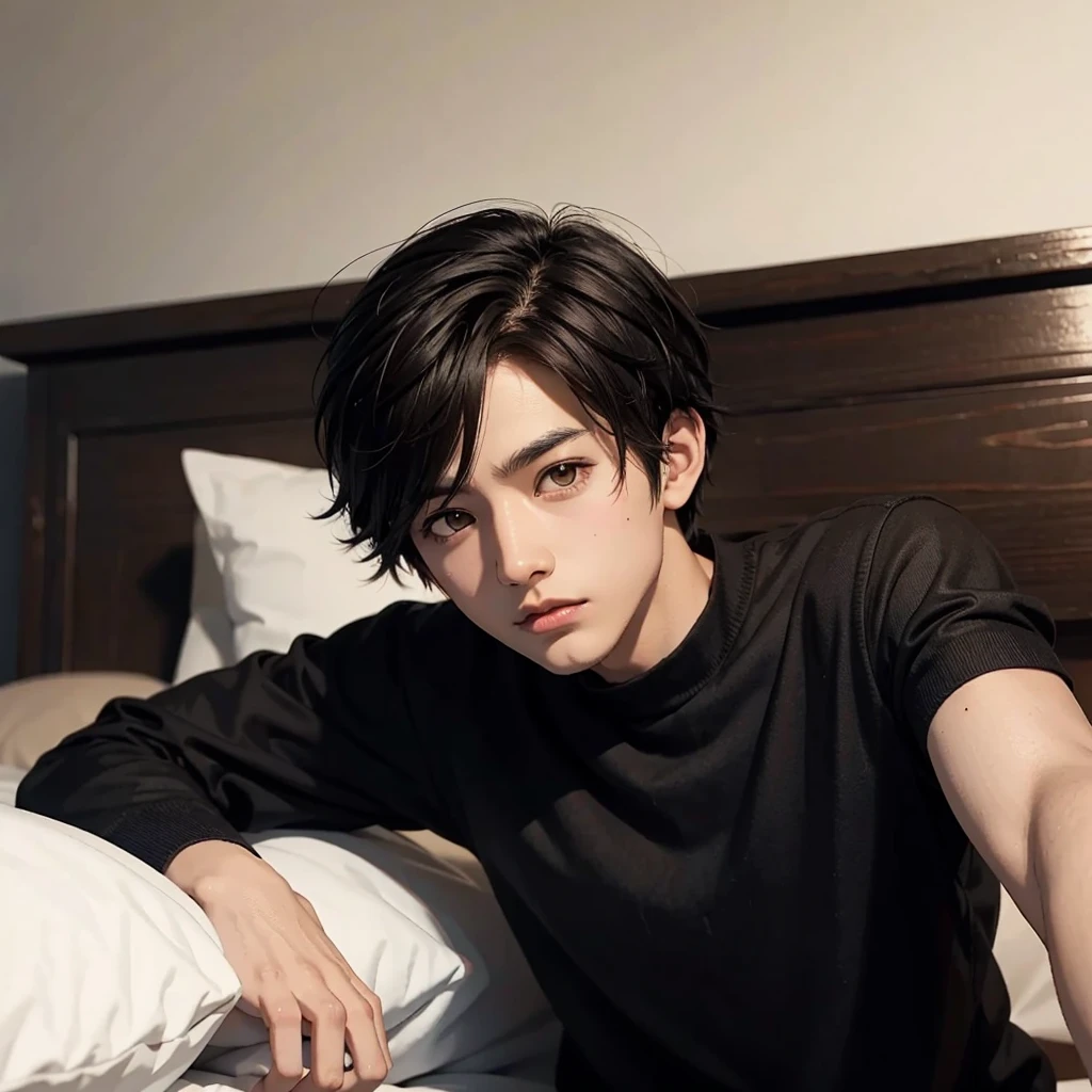 Anime boy black cut hair brown eyes brown medium skin with bed