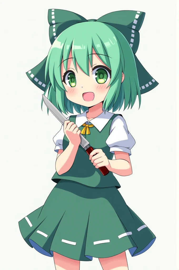 anime girl with green hair and green eyes holding a knife, shirabii, anime moe artstyle, mikudayo, anime girl with teal hair, from touhou, top rated on pixiv, , touhou character, anime monster girl, onmyoji, art style of rune factory 5, pixiv, pixiv style, miku, out butttt, gaart