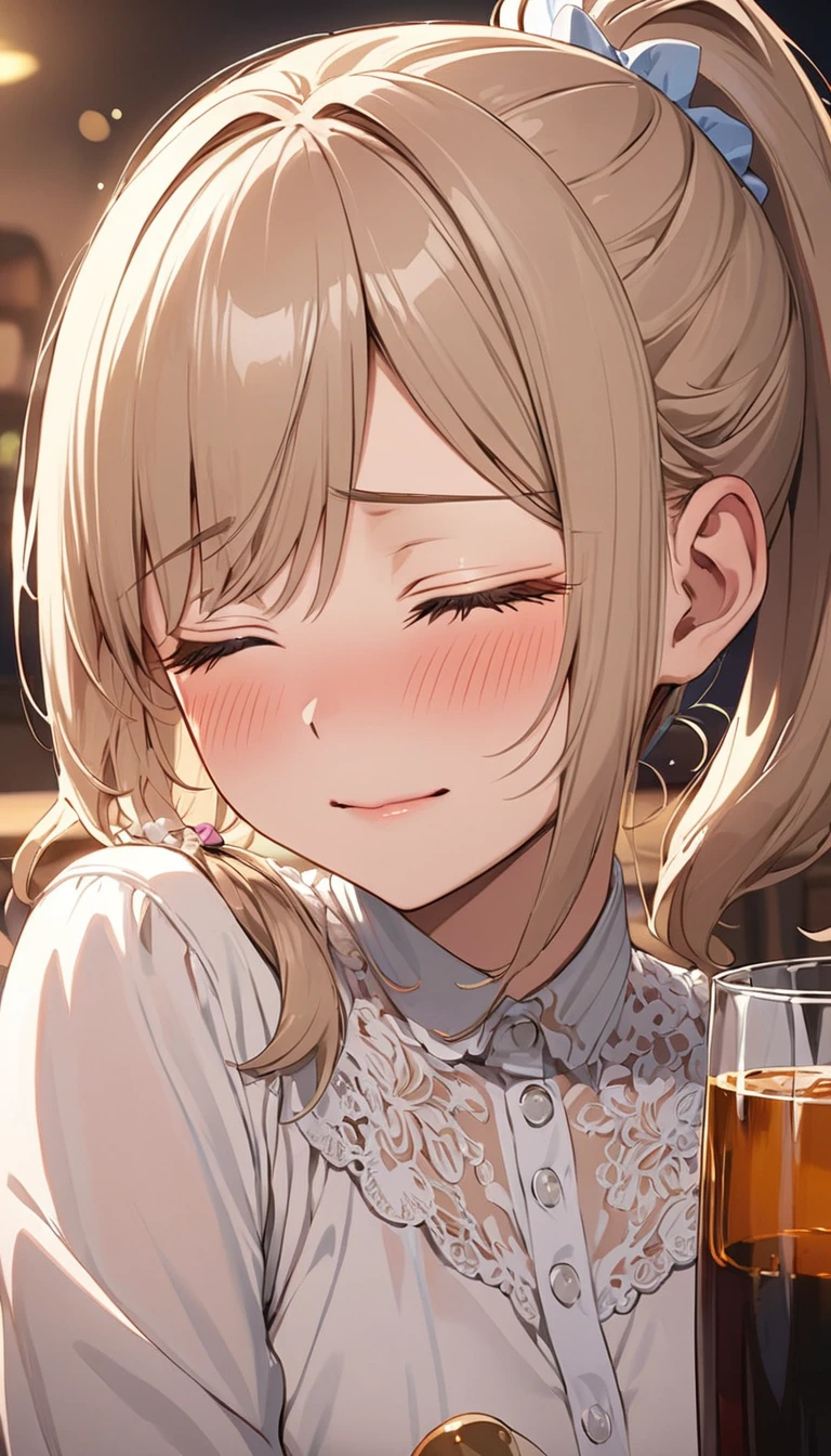 get drunk、blush、((closed eyes))、ponytail、masterpiece, Highest quality, Very detailed, The finer details, Anime Style, one person's, 22 years old, Cute Face、Large Breasts、Big Ass、Tight waist、from above, Beautiful Eyes、Dark brown hair, Shiny Hair, (light brown eyes)、In a white room of a luxury hotel、On the bed、lying on back, dynamic angle, turquoise blue too very micro bikini,