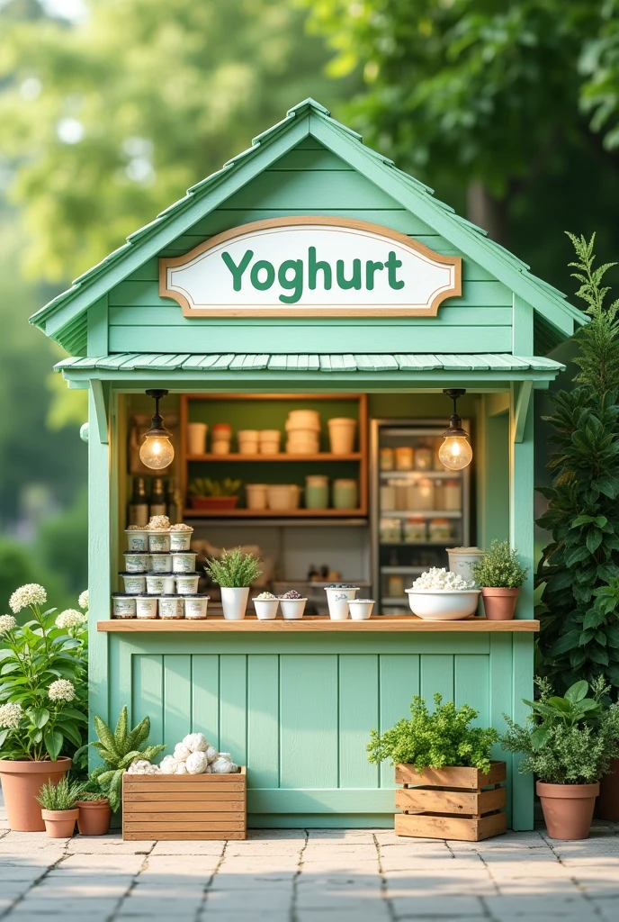 A kiosk that sells yoghurt with a light green colour 