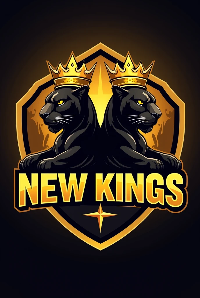 Generate a gamer logo for a clan called "new kings" golden colored with crowns and panthers
