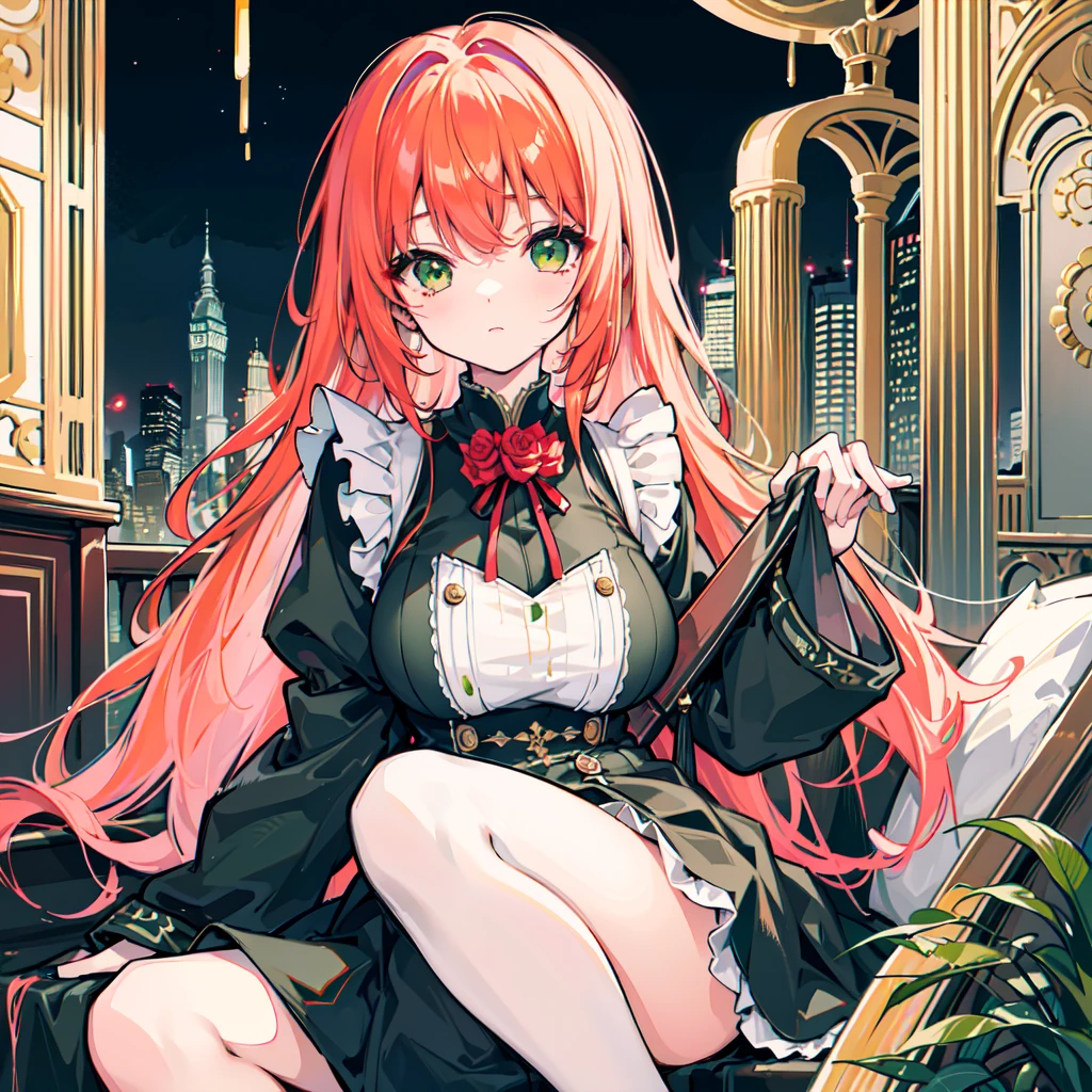 one woman, alone, ((big: 1.4)), ((high resolution)), ((Masterpiece)), ((best quality)), (very detailed)), big_File size, Full color, Detailed background, long golden hair, Green Eyes, (eyeliner),maid, red, sit, nighttime, rose
