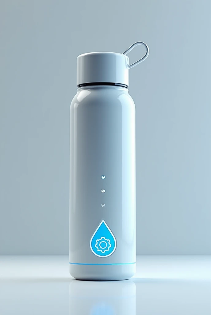 A sleek, modern bottle with a minimalistic design. The body of the bottle is semi-transparent. The bottle has a small digital display on the side that shows real-time data like hydration goals, water temperature, and a battery indicator. The cap could have a built-in sensor that tracks how much water has been consumed, with a subtle touchscreen interface. With visible designed logo of water droplet in white and blue color with gear inside.