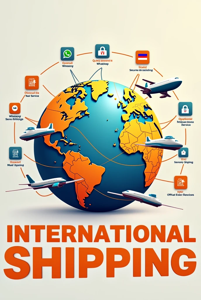 Create an image that highlights international shipping services. The image must include:
A vibrant orange and white logo at the top with the text “International Shipping” below.
A stylized representation of a globe with shipping routes connecting Brazil to various parts of the world, symbolizing international exports.
Icons with highlight points for:
Quick quotes via WhatsApp Secure shipping Full advisory services Official FedEx and DHL representative symbols at the bottom.
A WhatsApp contact number in bold green font.
Incorporate vibrant colors to attract attention and convey a sense of speed and reliability..