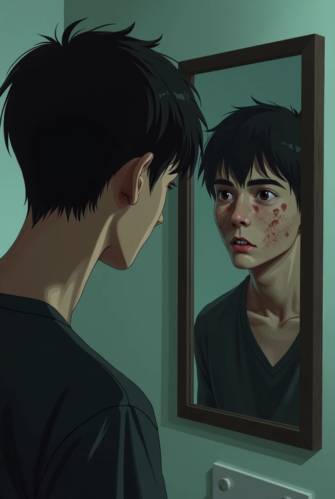 he looked at himself in the mirror but suddenly changed the mirror image Young man horror