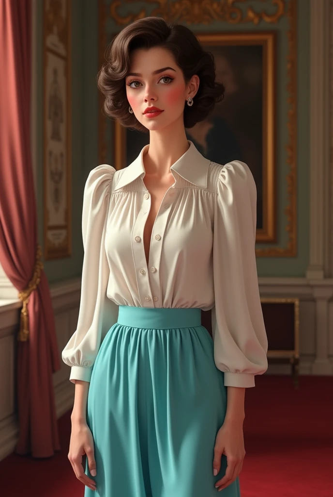 Miss,Princess of a European royal family,modern,#1: Short Curly Brunette Hair,Brown eyes,Serious,Princess Diana,Medium-sized,Tiffany color skirt,Conservative clothing,plump,Red lips,Laughing