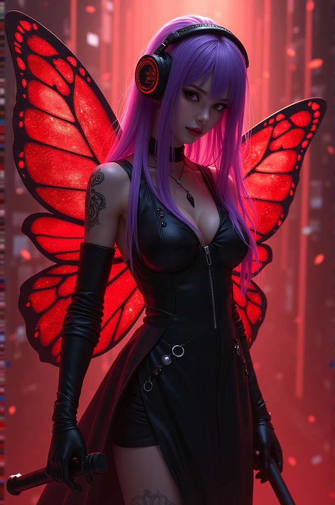 Korean purple hair butterfly woman with headphone and assassin outfit with blood and blood red wings and perfect body and short outfit