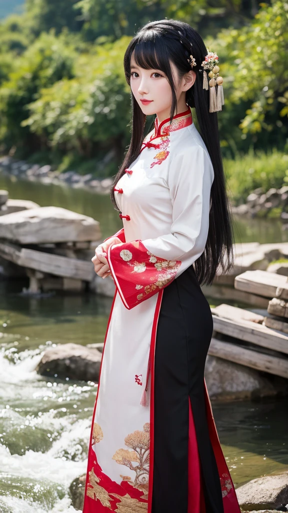 A beautiful woman with flowing black hair, dressed in a traditional Chinese qipao, standing by a river."