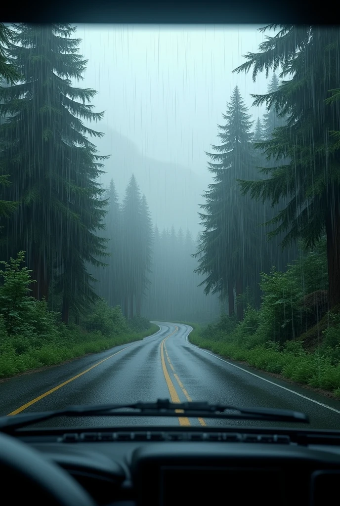 pouring rain while driving through the forest road in daylight, photorealistic