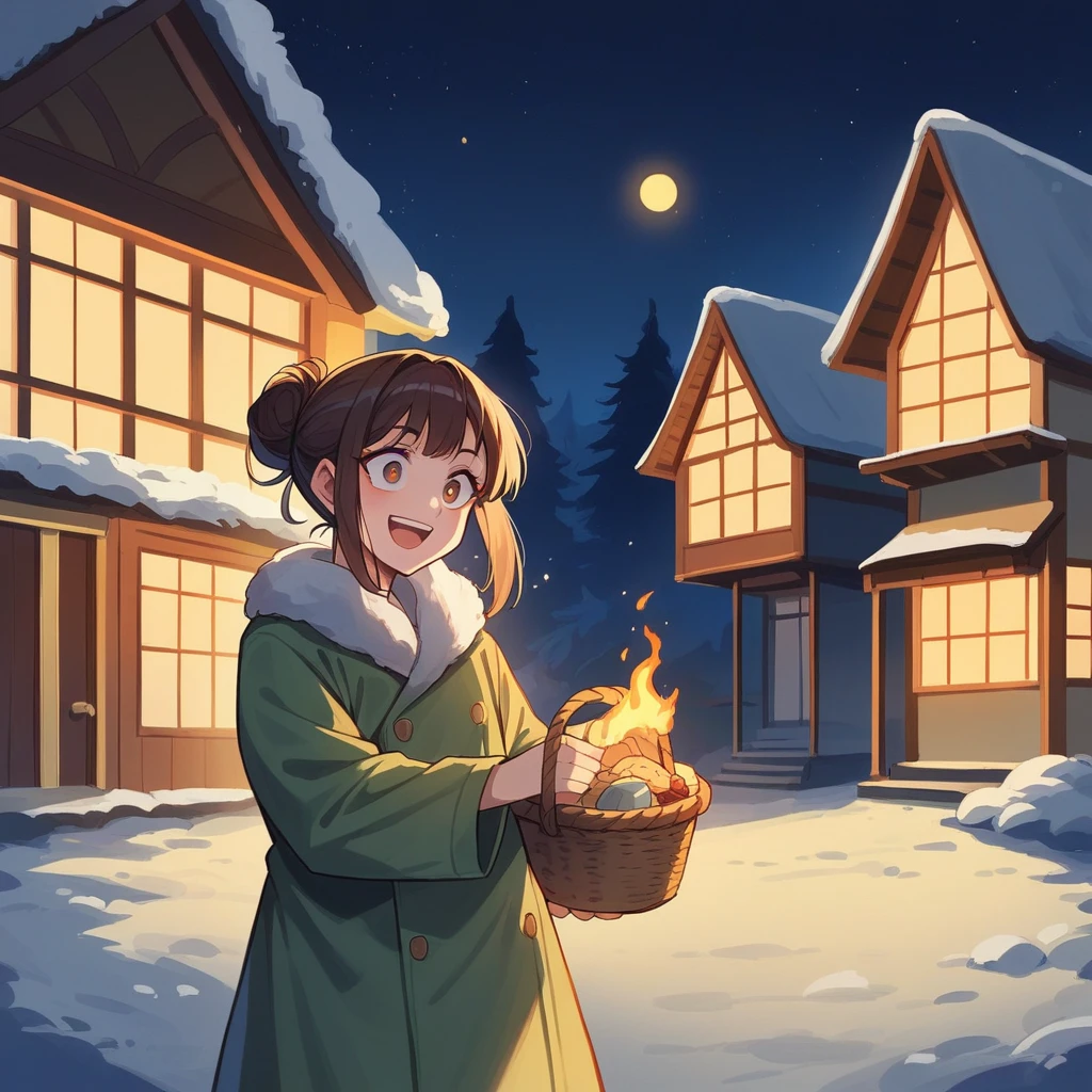 Bold brushstrokes, anime style illustration, midsummer night, crazy fun, movie lighting, 19th century, European winter night, burning house, the little match girl watching, she lights a match with a satisfied smile, she is wearing a coat and holding a basket of matchboxes in her arms.