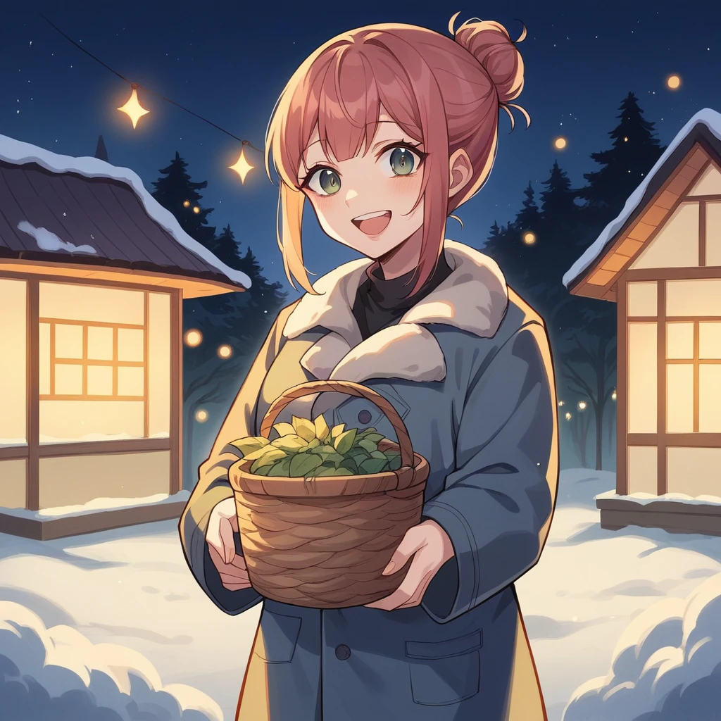 Bold brushstrokes, anime style illustration, midsummer night, crazy fun, movie lighting, 19th century, European winter night, burning house, the little match girl watching, she lights a match with a satisfied smile, she is wearing a coat and holding a basket of matchboxes in her arms.
