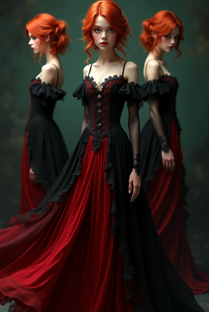 Redhead girl in long black and red dress full body ,three positions