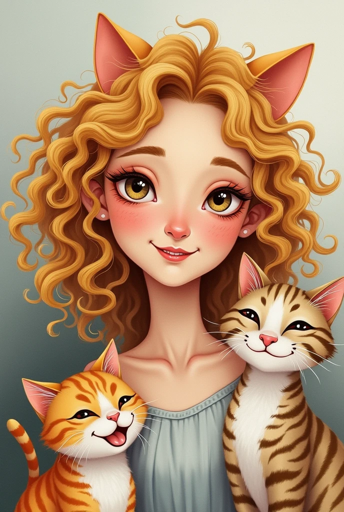 Create a drawing of a white woman with curly hair with a striped cat and another black and white cat 