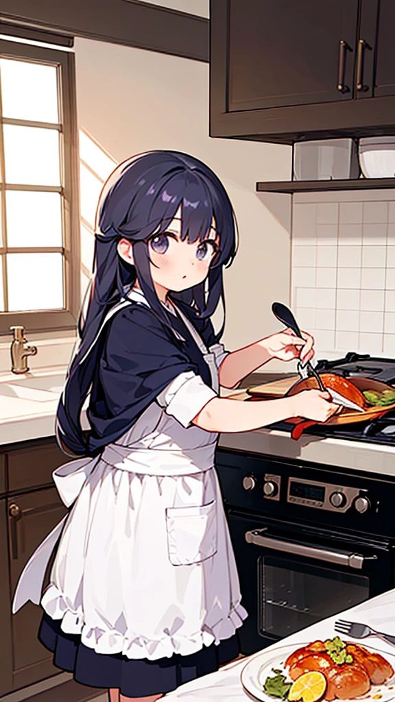best quality,masterpiece,Ultra-high resolution,(photoactual:4:0),An oriental nine-tailed spirit fox woman.long hair shawl,Wear cool clothes,apron,Cooking in the kitchen