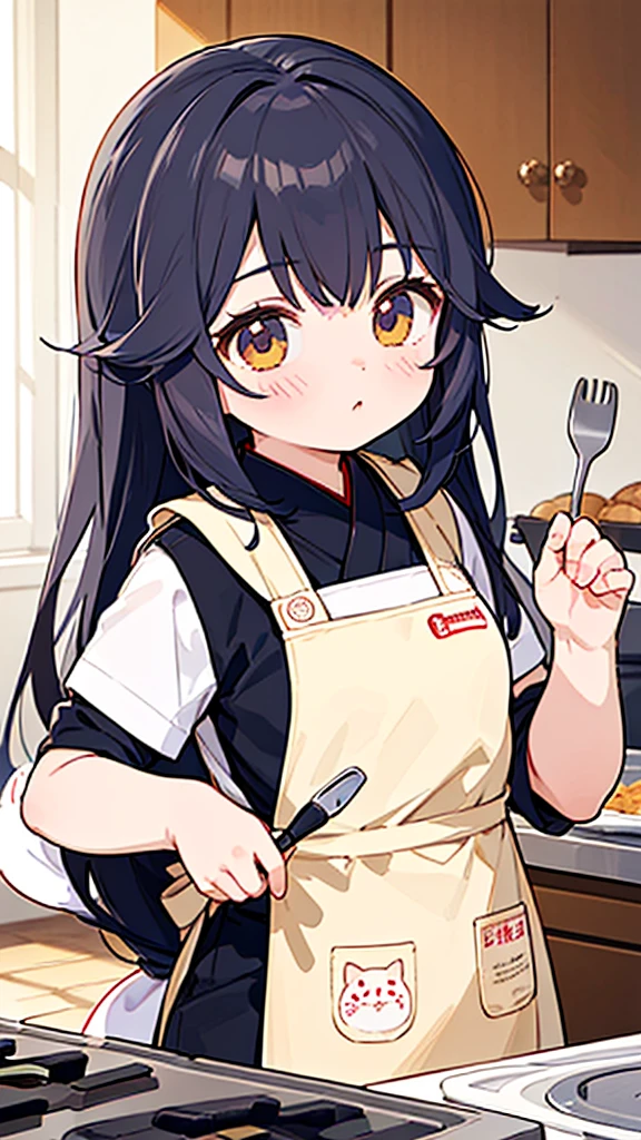 best quality,masterpiece,Ultra-high resolution,(photoactual:4:0),An oriental nine-tailed spirit fox woman.long hair shawl,Wear cool clothes,apron,Cooking in the kitchen