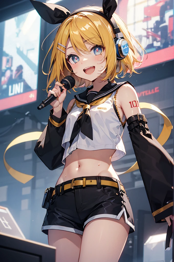 Vocaloid,Kagamine Rin, short hair,yellow hair, number tattoo, bow, white shirt, detached sleeves, belt, sailor collar, headphones, shorts, leg warmers,(chibi:1.2),navel,thighs, Sweating,smile,open mouth,jumping, masterpiece,Noise Reduction,perfect ???????,high resolution, ultra-detailed, ultra-detailed face,game cg,dutch angle ,beautiful detailed eyes,visualart,five fingers, perfect hands, perfect lighting, sparkling pupils,