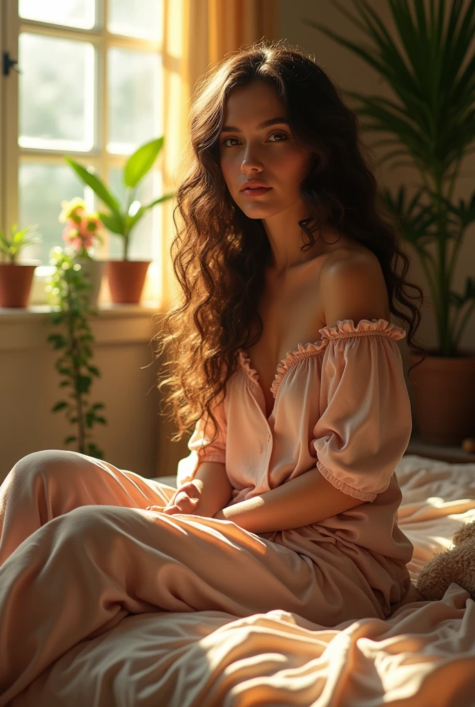 (photorealism:1.2), beautiful woman, sitting on bed, wearing loose off-shoulder top, pajama pants, long curly hair, indoors, soft lighting, plants in background, window with sunlight, cozy room, relaxed pose, realistic, intricate details, warm colors, by Greg Rutkowski, by Alphonse Mucha