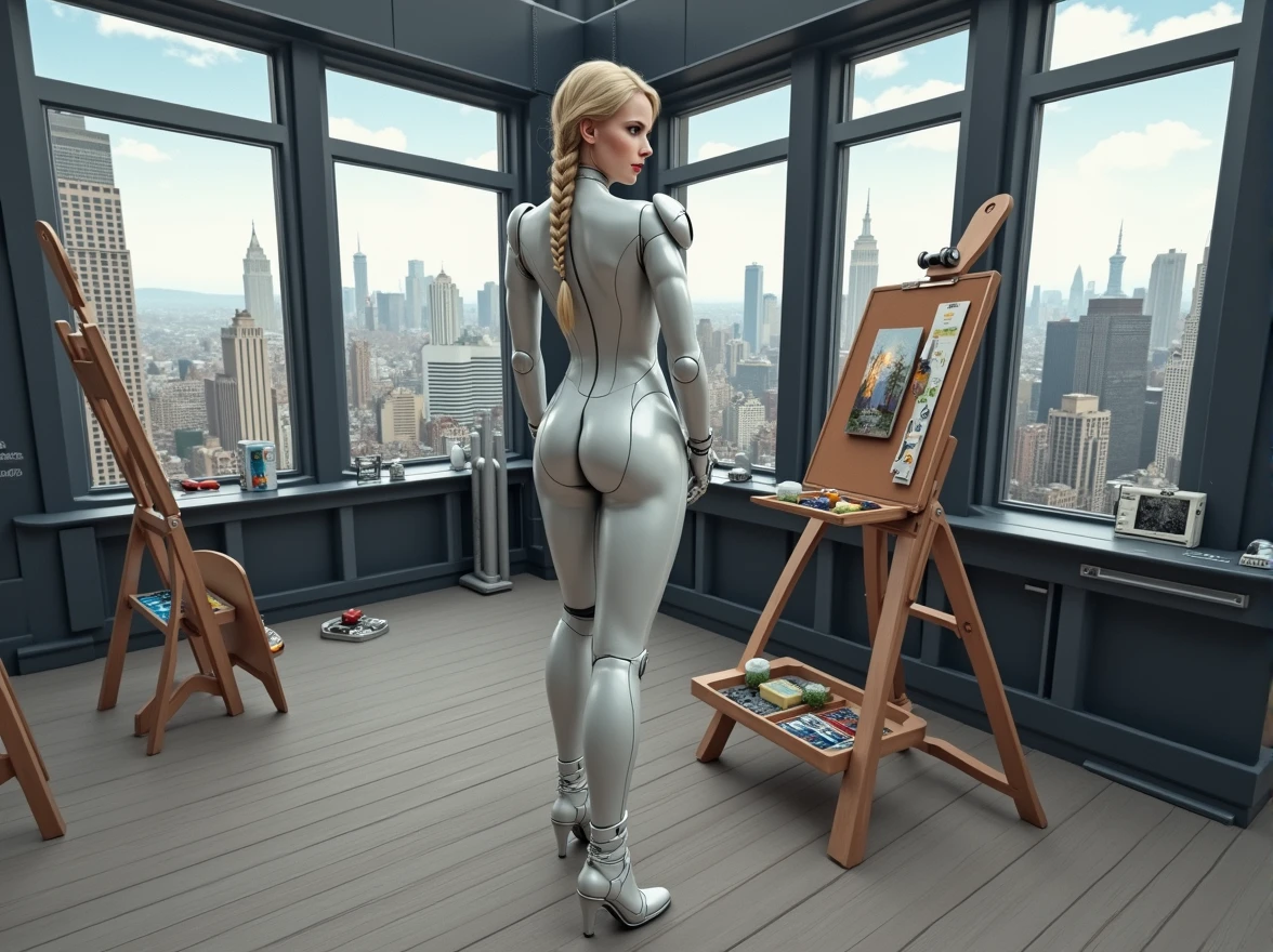 detailed cyborg woman, realistic portrait, beautiful detailed eyes, beautiful detailed lips, extremely detailed eyes and face, longeyelashes, full-length, standing, french braid, blonde hair, oil painting, artist's easel, paints, self-portrait, (best quality, 4k, 8k, highres, masterpiece:1.2), ultra-detailed, (realistic, photorealistic, photo-realistic:1.37), concept art, fantasy, scifi, dramatic lighting, chiaroscuro, vibrant colors, cinematic