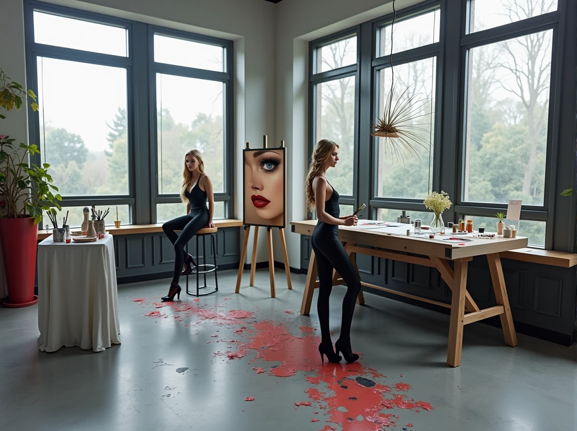 detailed cyborg woman, realistic portrait, beautiful detailed eyes, beautiful detailed lips, extremely detailed eyes and face, longeyelashes, full-length, standing, french braid, blonde hair, oil painting, artist's easel, paints, self-portrait, (best quality, 4k, 8k, highres, masterpiece:1.2), ultra-detailed, (realistic, photorealistic, photo-realistic:1.37), concept art, fantasy, scifi, dramatic lighting, chiaroscuro, vibrant colors, cinematic
