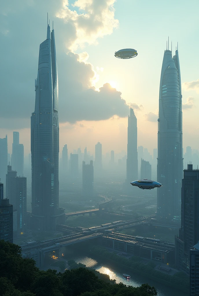 Ipoh city in the distance future,the year is 2154 AD.there are crepuscular clouds in the sky.8k image,hyper realistic