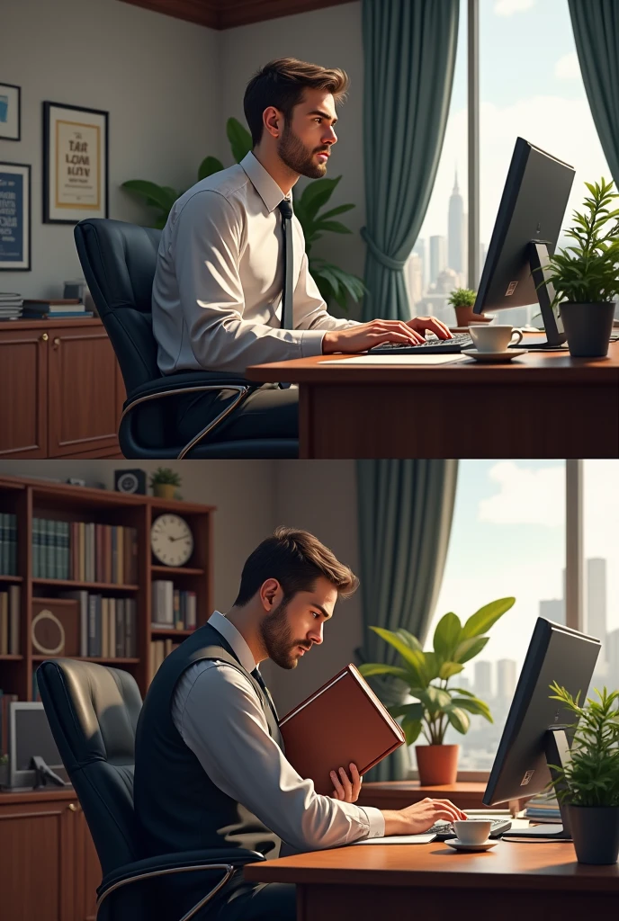 Create two characters, in two different scenarios. a person working on the computer in his office. Another person being a lawyer, well dressed, holding a folder in his hands.